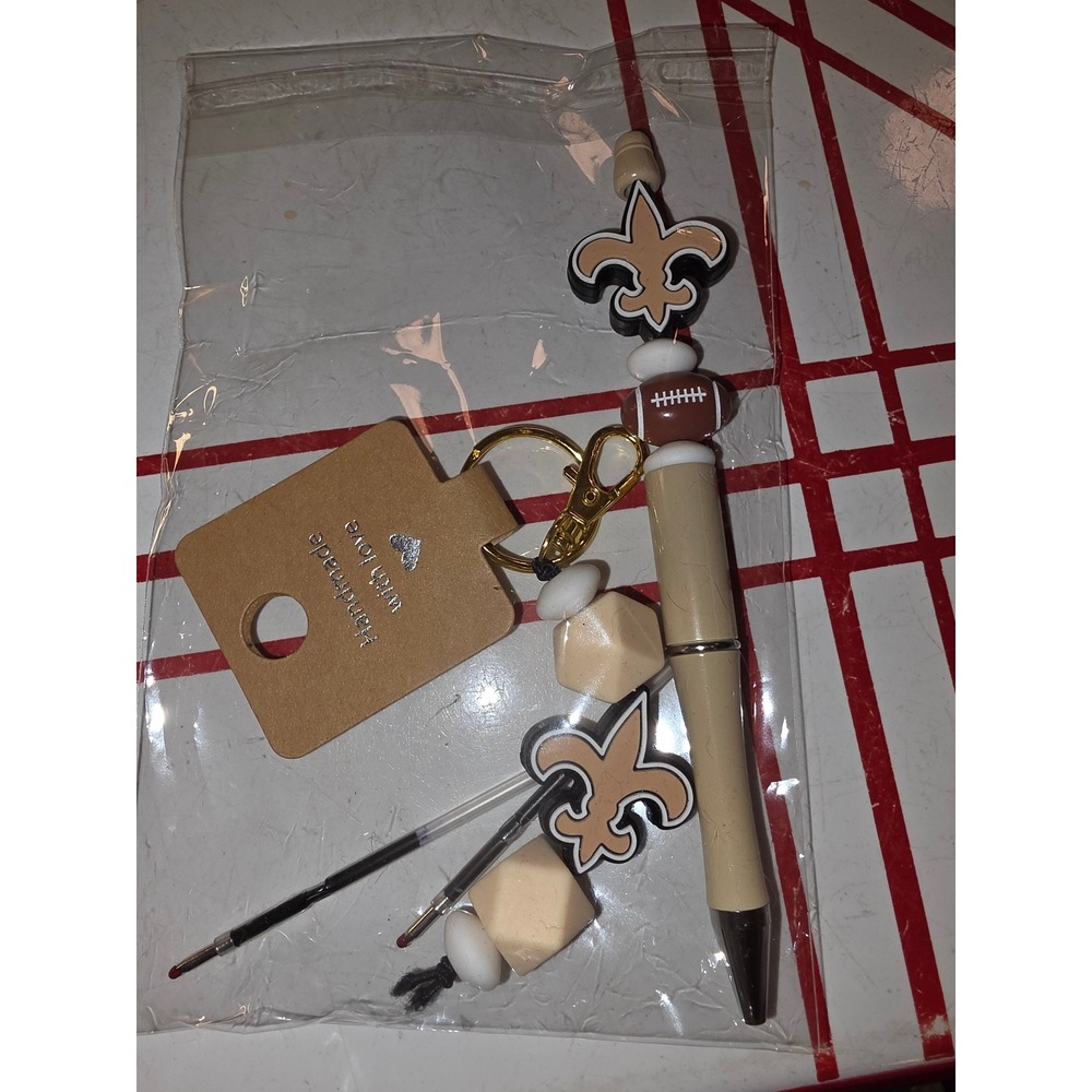 Handmade New Orleans Saints Beaded Pen & Keychain Set Fleur-De-Lis NFL Fan Gift